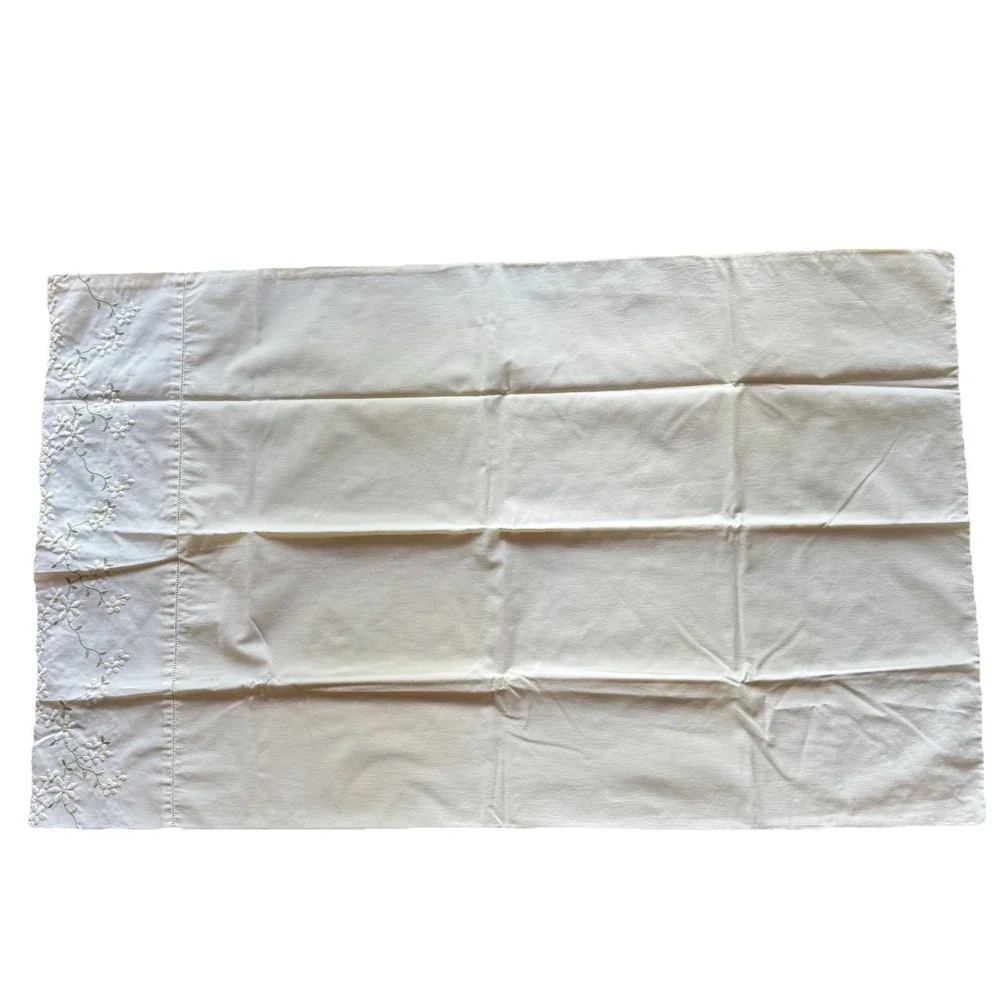 VTG Wamsutta Supercale Plus Ivory Full Flat Sheet & Pillowcase‎ Daisy Embroidery